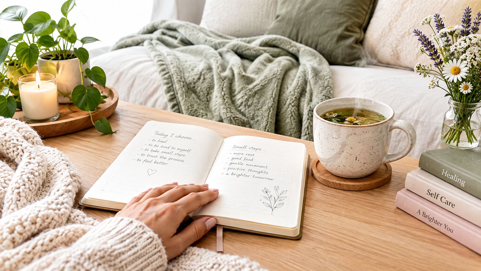 A person writing in a journal while drinking herbal tea on a cozy, peaceful living room table.
