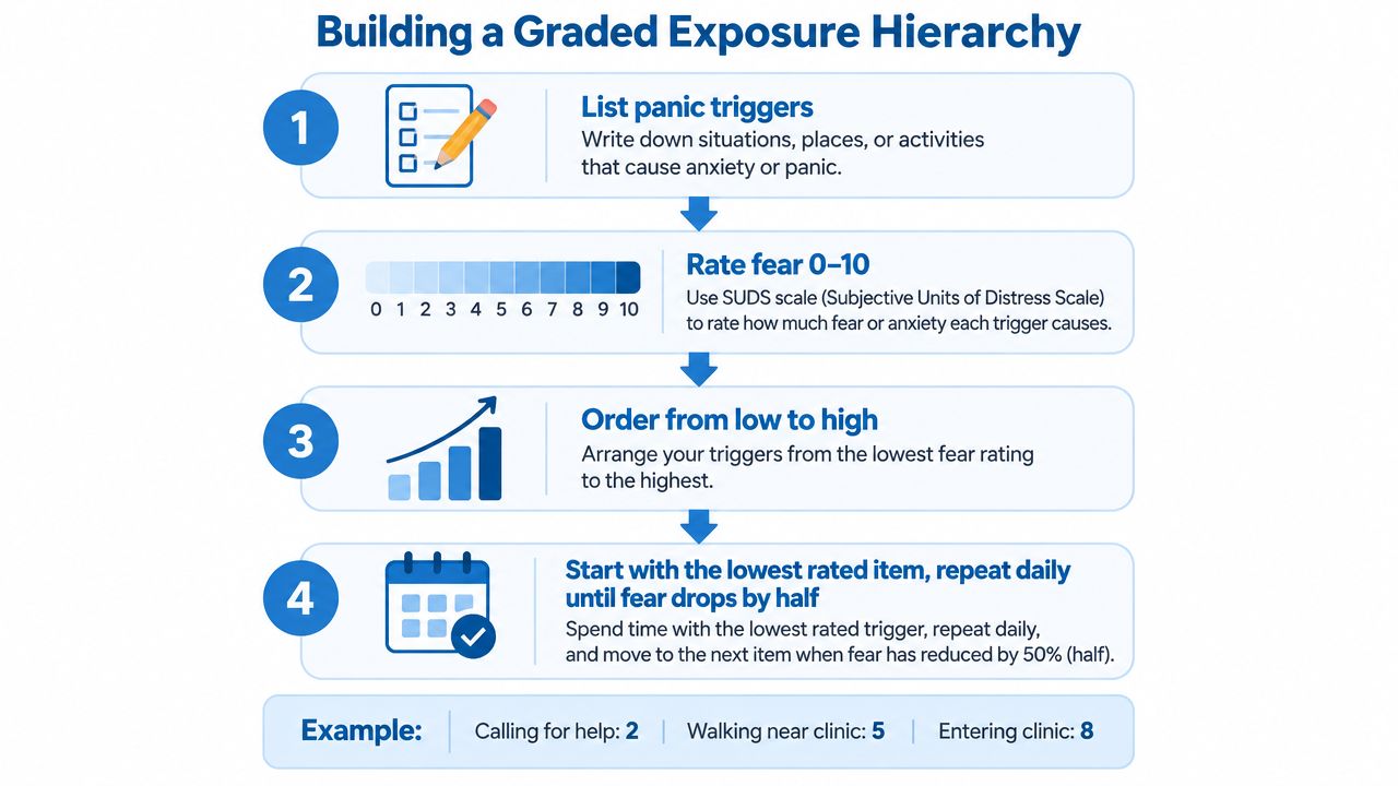A step-by-step infographic titled Building a Graded Exposure Hierarchy illustrating four stages for managing panic symptoms.