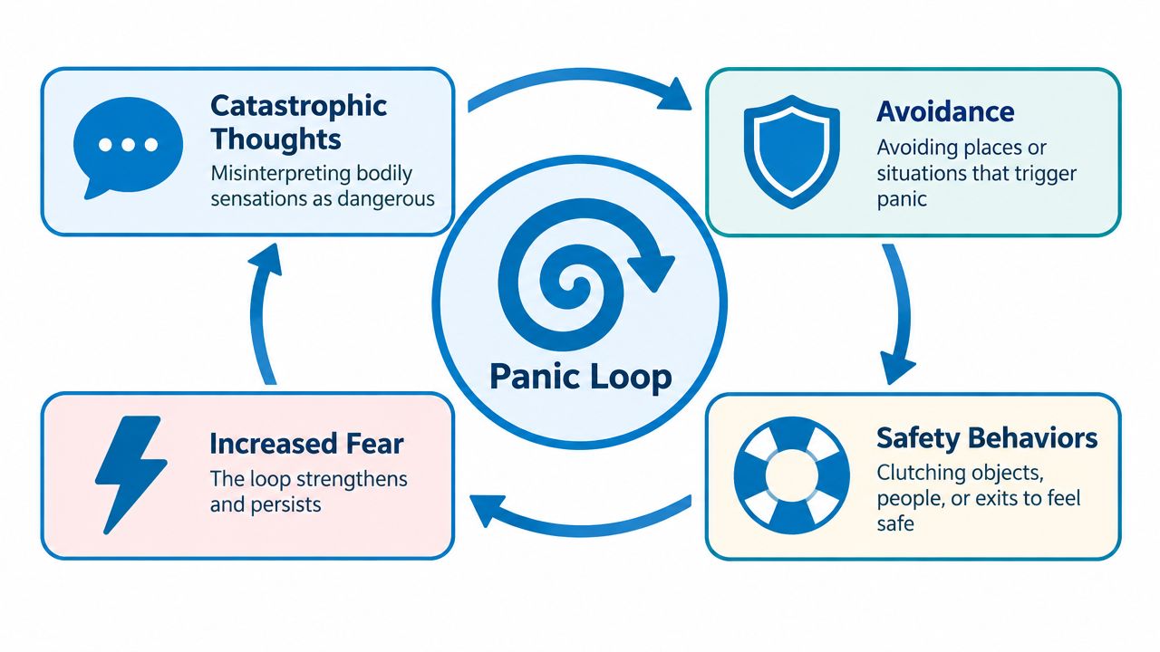 A diagram illustrating the four stages of a panic loop: catastrophic thoughts, avoidance, safety behaviors, and increased fear.