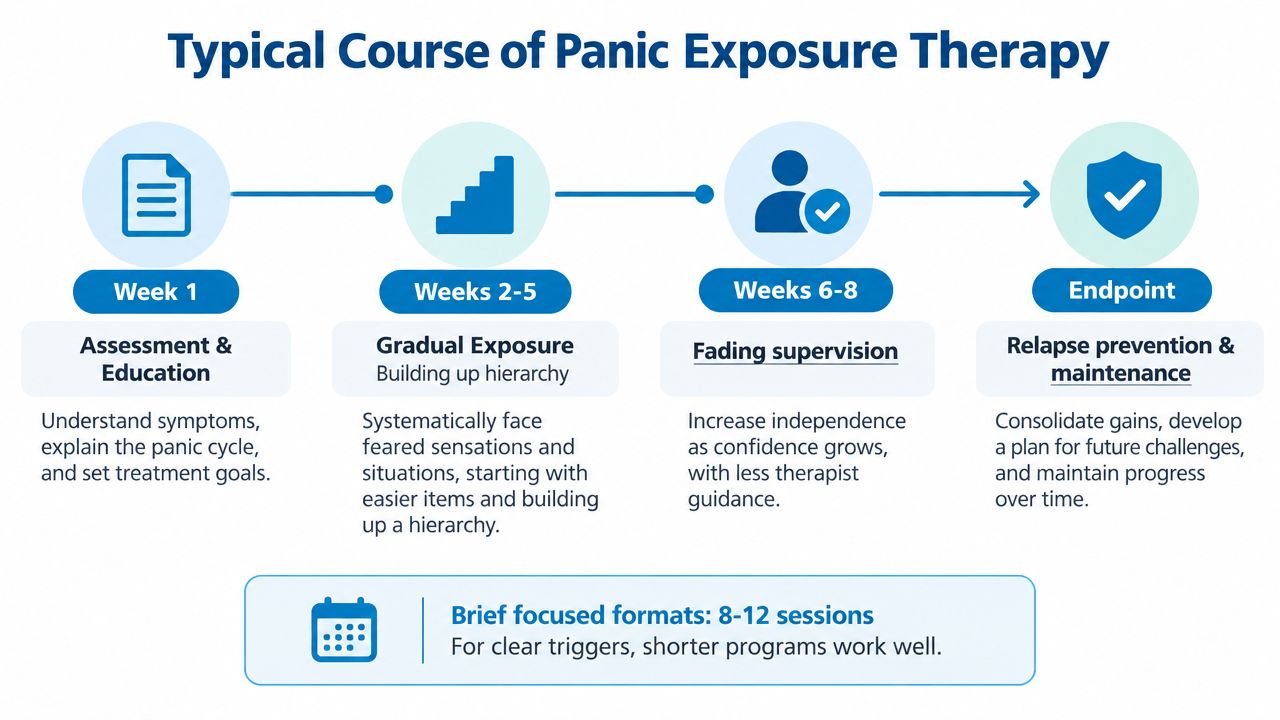 An infographic outlining the typical four-stage course of panic exposure therapy from assessment to relapse prevention.