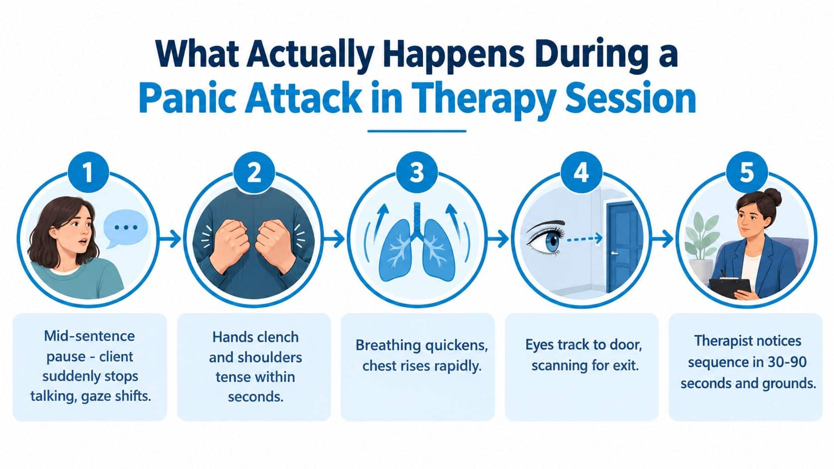 An infographic illustrating five stages of a client experiencing a panic attack during a therapy session.