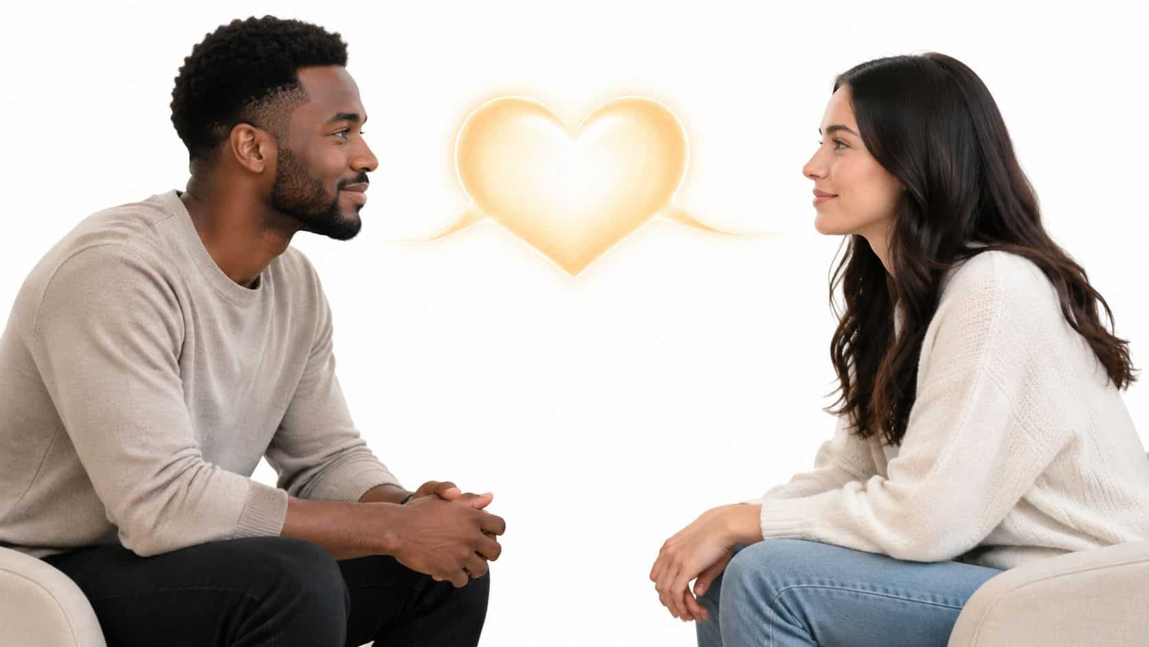 A happy couple sitting in chairs facing each other with a glowing golden heart symbol between them.