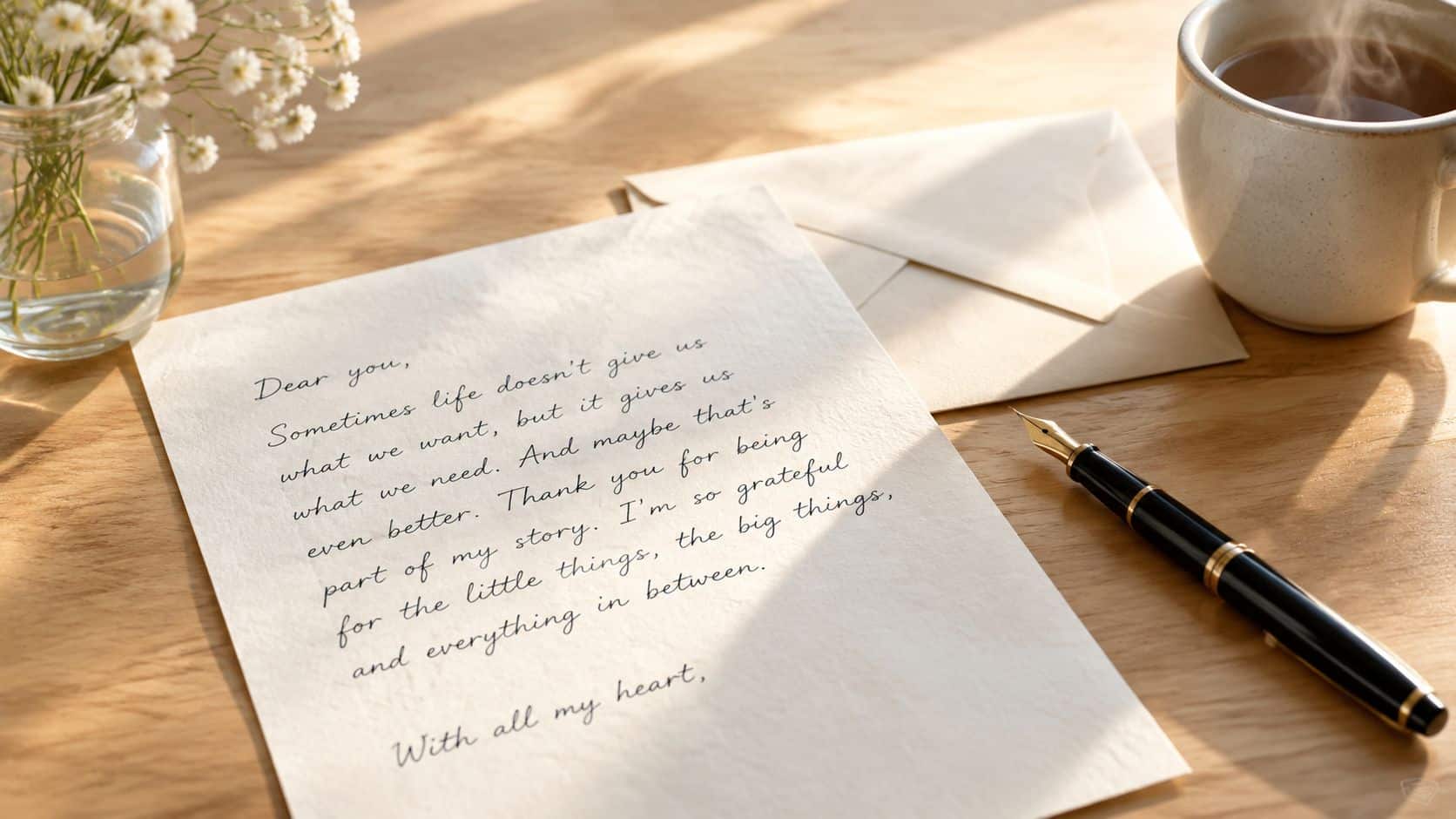 A handwritten letter on textured paper with a fountain pen, flowers, and a steaming coffee cup.