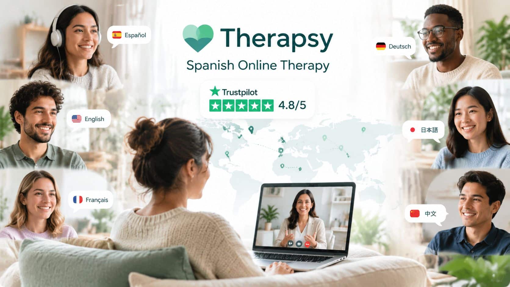 A woman using a laptop for an online therapy session surrounded by diverse people speaking different languages.