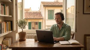 Mann bei einer Online-Therapiesitzung auf Deutsch am Schreibtisch einer italienischen Wohnung