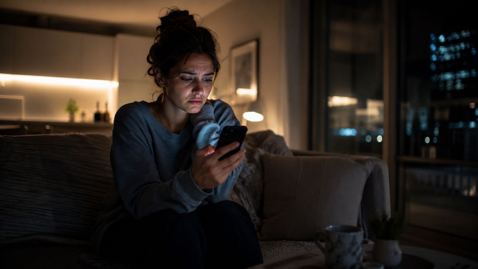 A young woman feeling distressed while looking at her smartphone in a dimly lit living room.