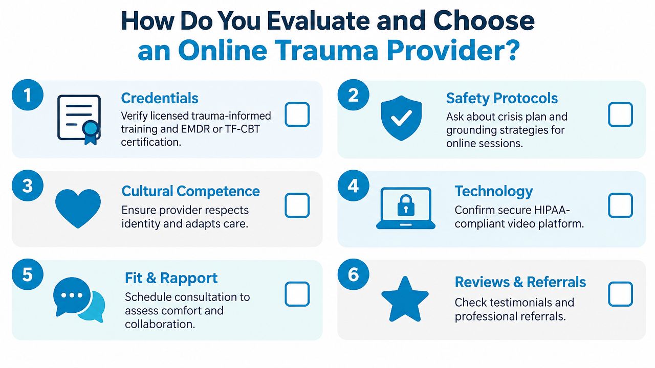 A checklist illustrating six key factors to consider when choosing an online trauma-informed therapy provider.