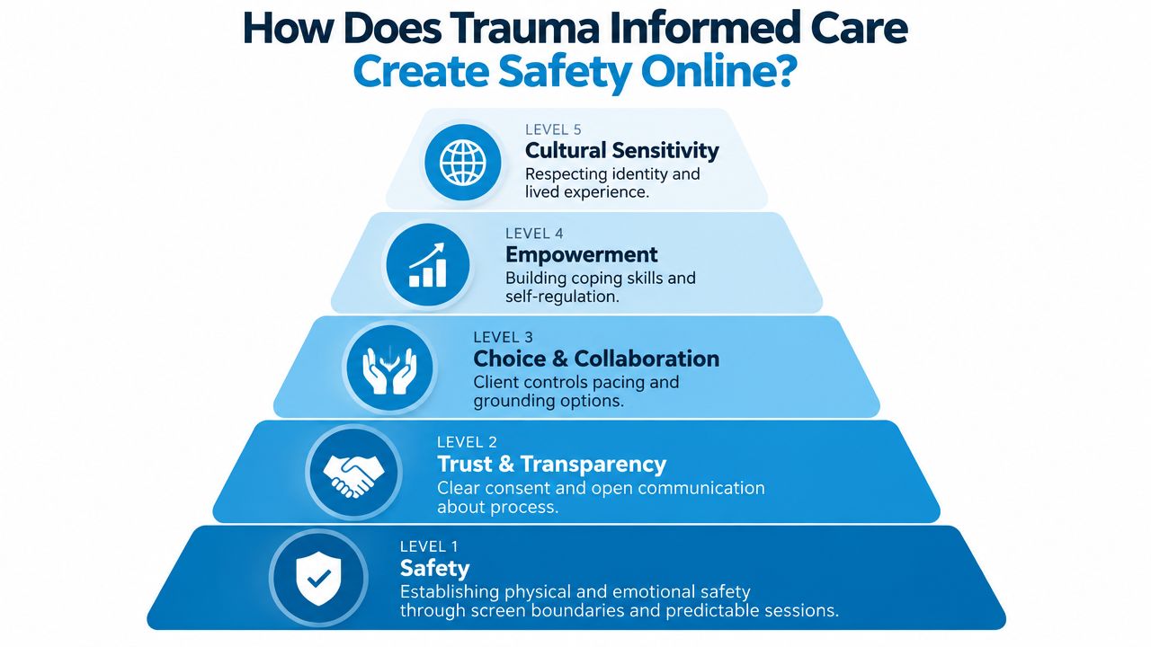 A five-level pyramid infographic illustrating the principles of trauma-informed care for creating safety within online environments.
