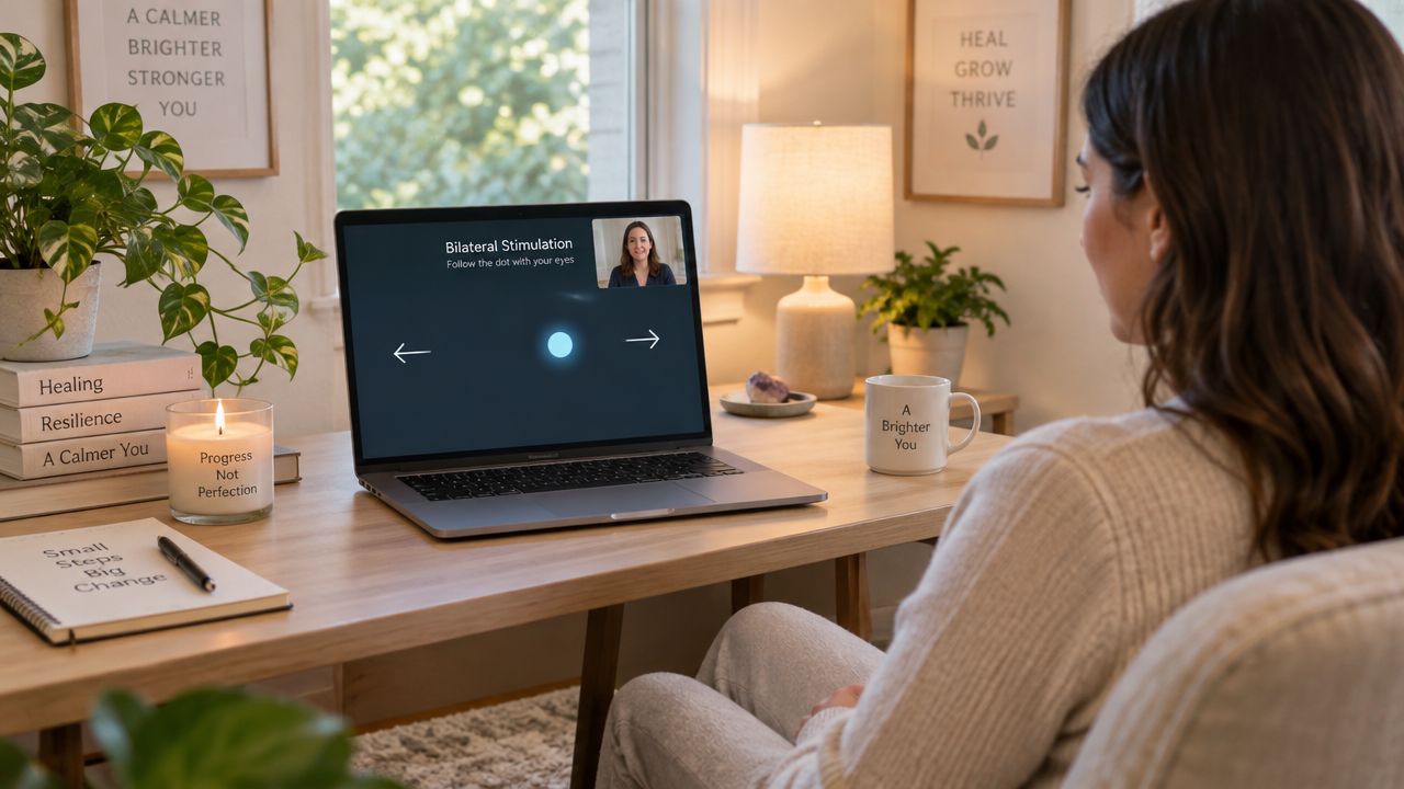A woman sits at her desk participating in an online trauma informed therapy session on her laptop.