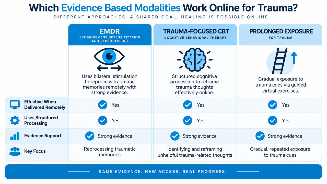 A comparison chart outlining the effectiveness of EMDR, Trauma-Focused CBT, and Prolonged Exposure for online trauma therapy.