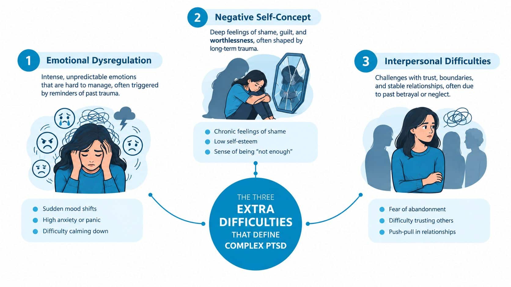 An infographic illustrating three core difficulties of Complex PTSD: emotional dysregulation, negative self-concept, and interpersonal difficulties.