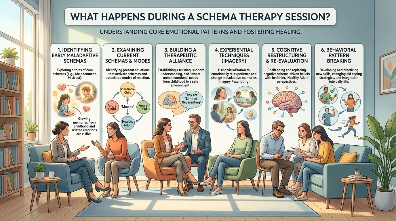 An infographic titled What Happens During a Schema Therapy Session, illustrating six stages of the therapeutic process.