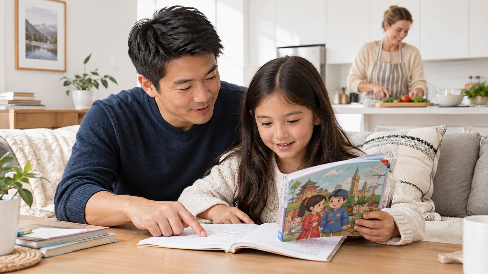 A father and his young daughter happily reading a colorful storybook together at a wooden dining table.