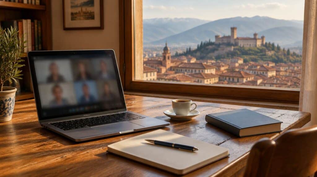 Desk with a laptop on an online therapy session and a window on the rooftops and castle of Brescia