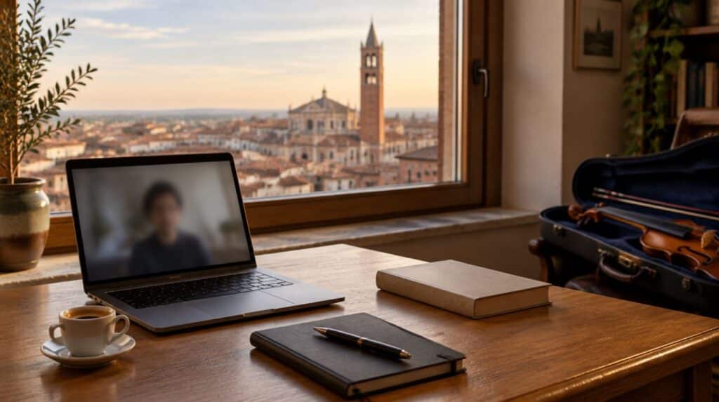 Desk with a laptop on an online therapy session, a violin in its case and a window on the rooftops and bell tower of Cremona