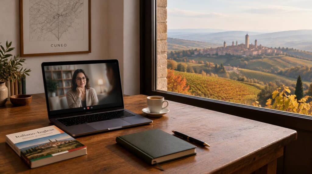 Desk with a laptop open on an online therapy session, an espresso and an Italian-English phrasebook, a window overlooking the vineyards of the Langhe near Alba, and a framed map labelled Cuneo