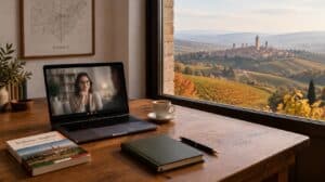 Desk with a laptop open on an online therapy session, an espresso and an Italian-English phrasebook, a window overlooking the vineyards of the Langhe near Alba, and a framed map labelled Cuneo