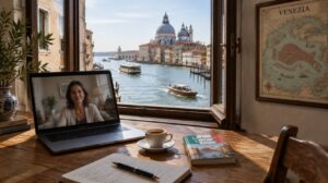 Online therapy session with an English-speaking psychologist, with a view over the Grand Canal and Santa Maria della Salute in Venice