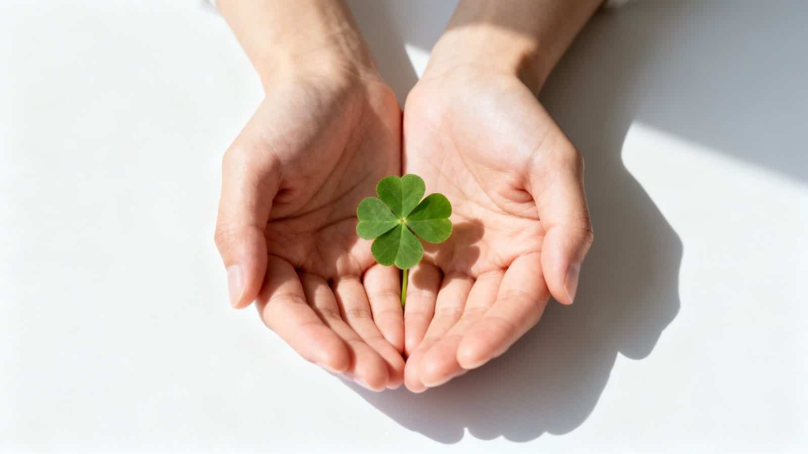 Two cupped hands gently hold a vibrant green four-leaf clover against a bright white background, symbolizing luck.
