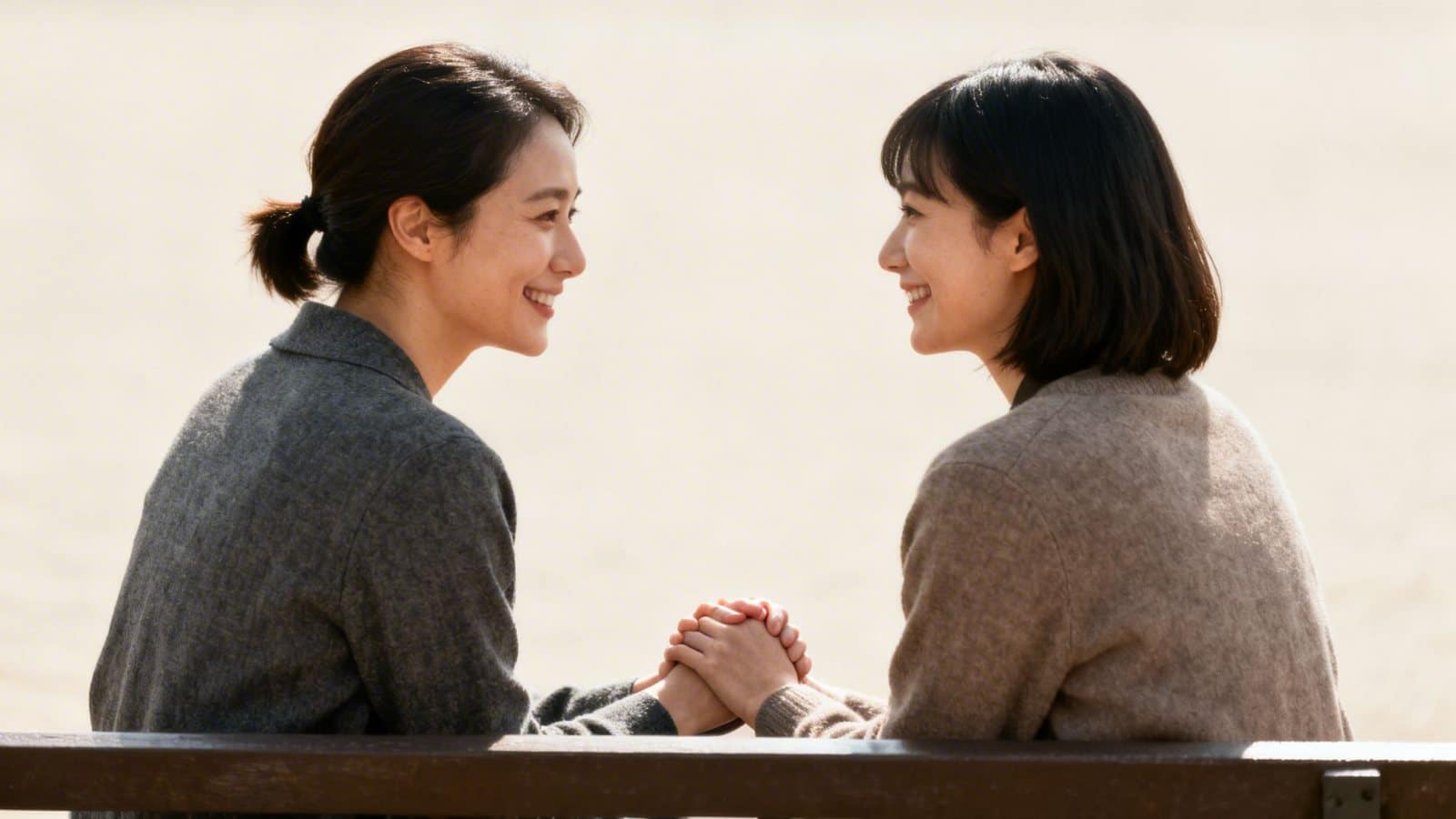 Two smiling women holding hands, looking at each other affectionately on a wooden bench.