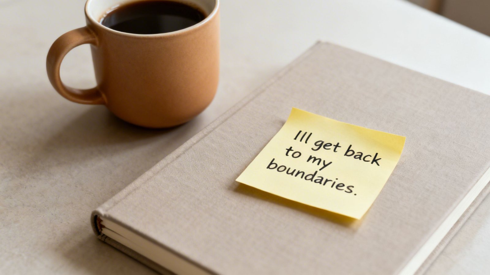 A coffee mug and a notebook with a yellow sticky note saying 'I'll get back to my boundaries.'