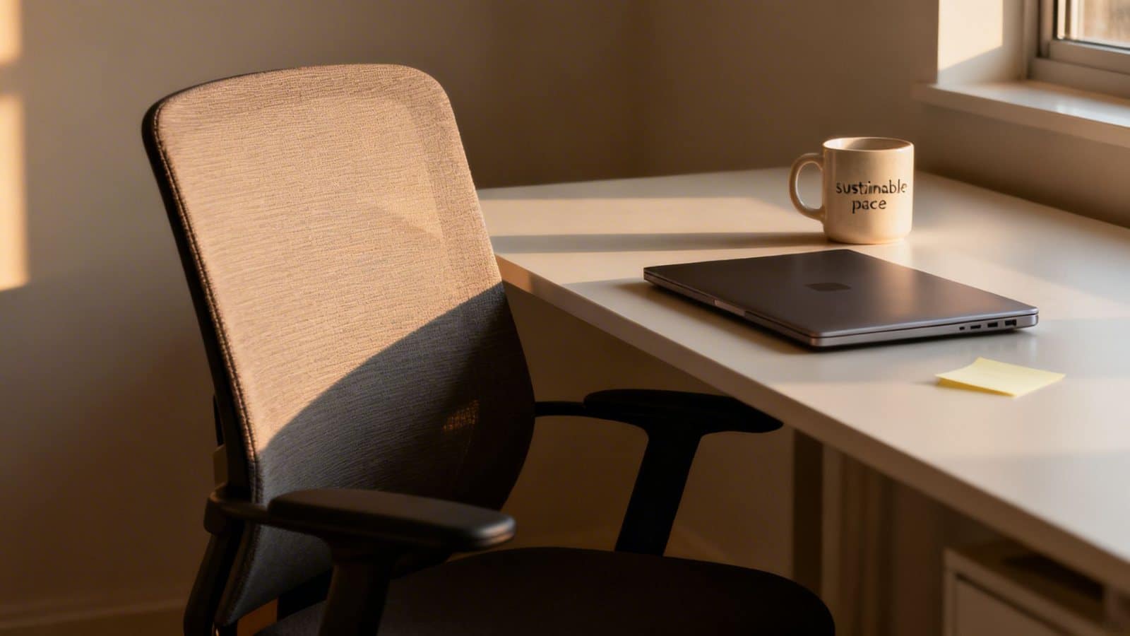 A cozy home office scene with an office chair, laptop, and a "sustainable pace" mug on a sunlit desk.