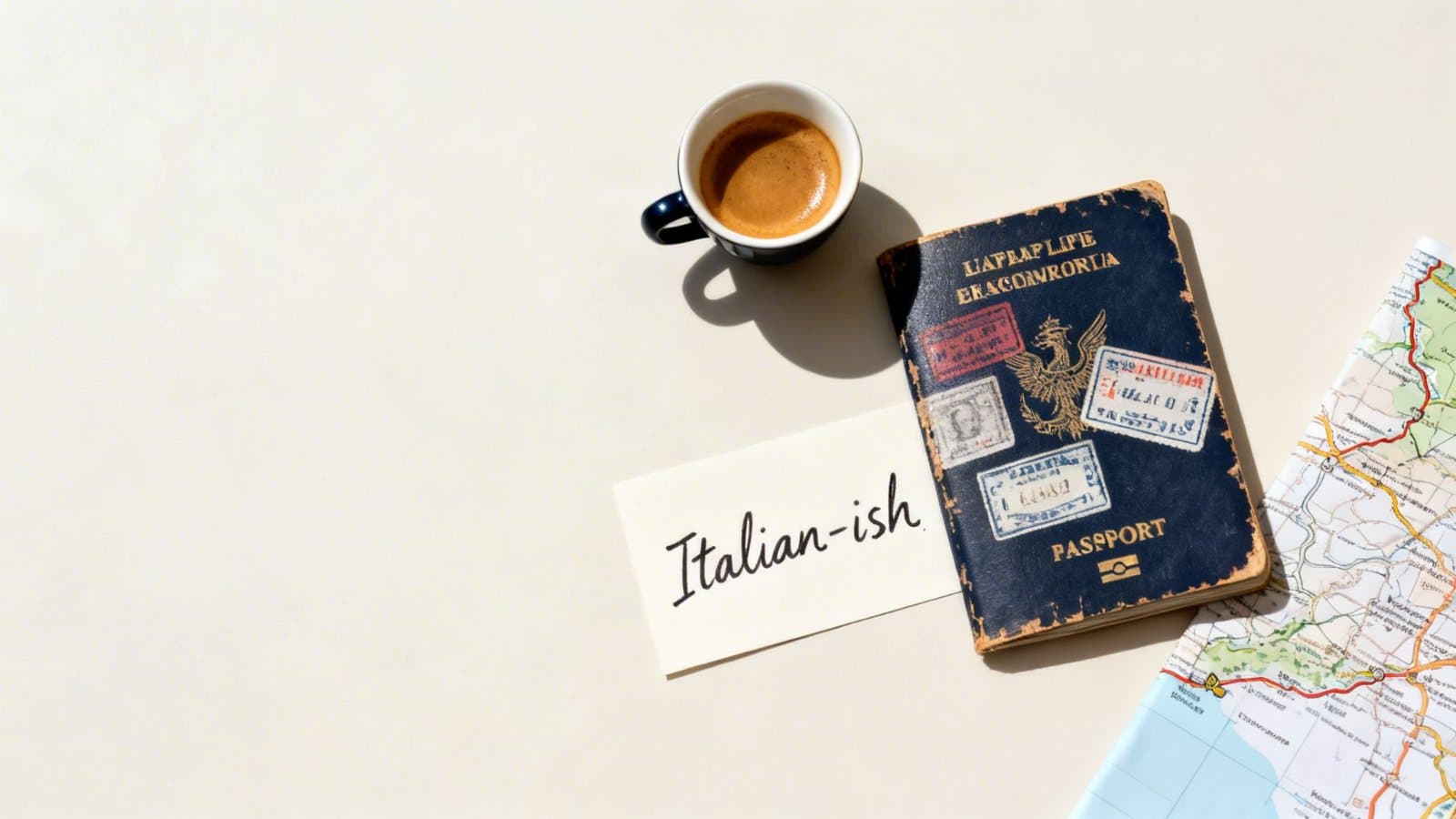 A top-down view of travel essentials: an espresso, a vintage passport, a map, and a note.