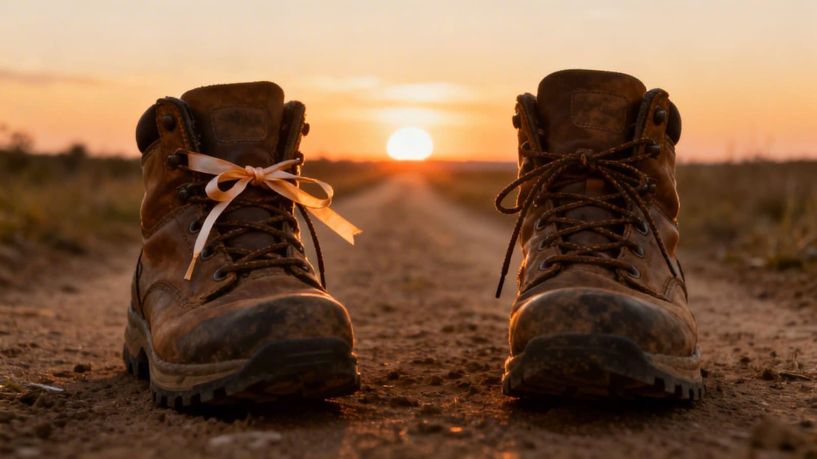 Two brown hiking boots on a dirt road at sunset, one with a ribbon, symbolizing a journey.
