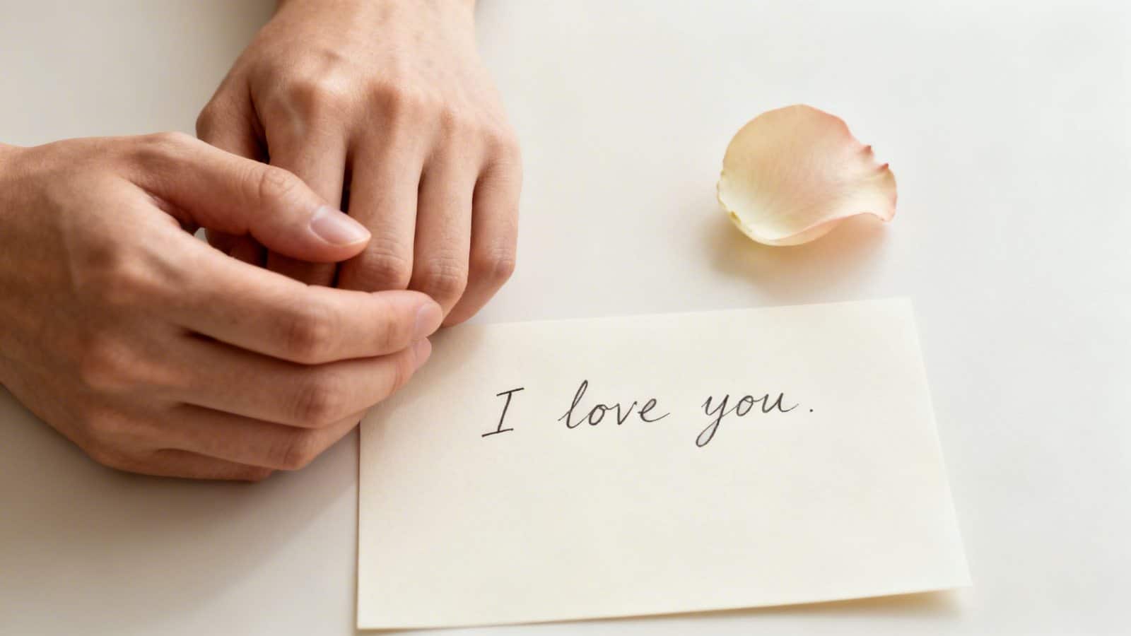 A person's hands clasped next to a handwritten 'I love you' card and a single rose petal.