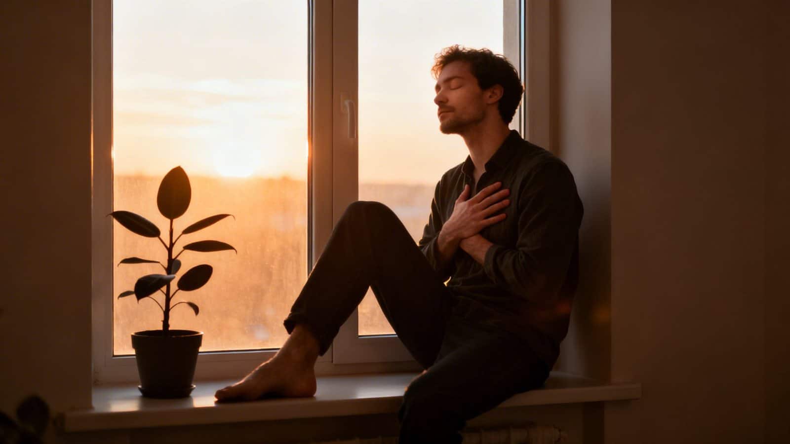 A man meditates peacefully on a windowsill at sunset, with a houseplant beside him.