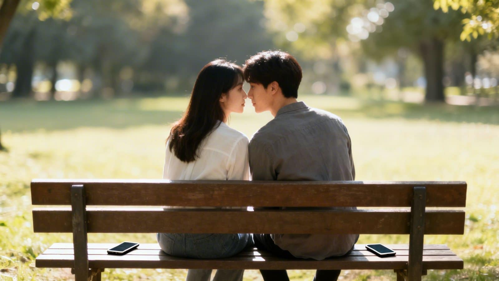 A loving couple on a park bench, foreheads touching, with phones set aside for an intimate moment.