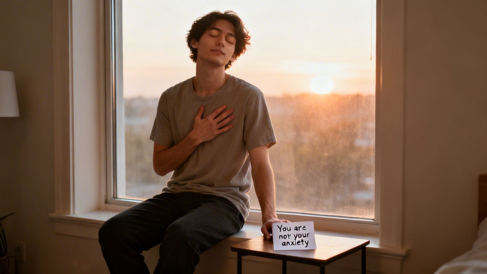 A young man meditating by a sunlit window, a note saying 'You are not your anxiety' nearby.