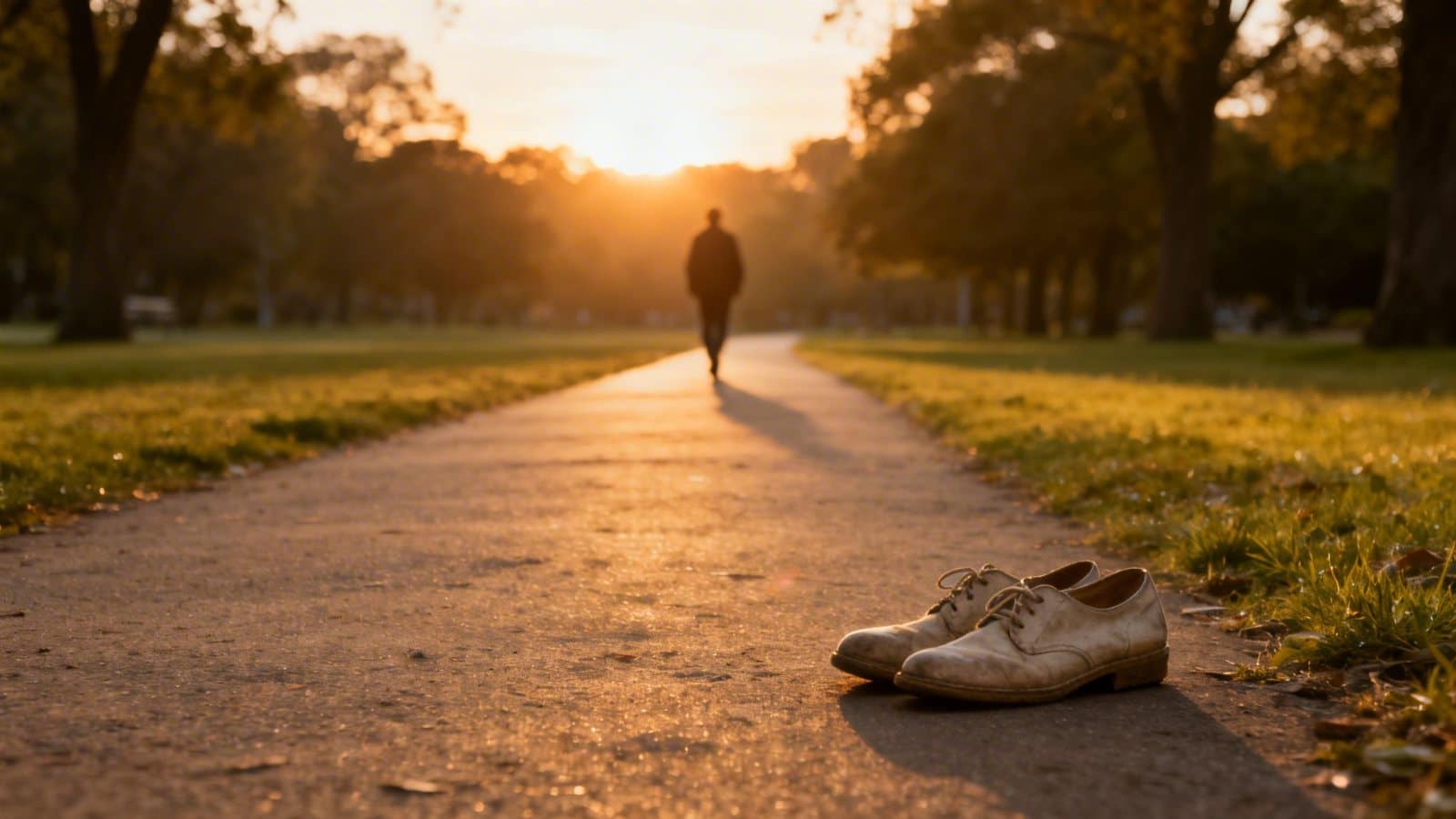 A pair of worn shoes on a park path as a person walks into the golden sunset.