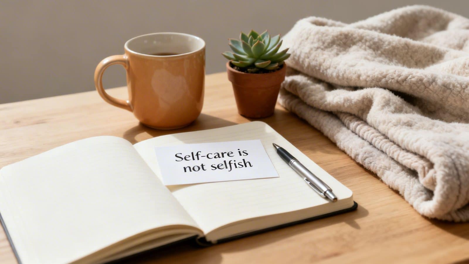 Desk scene with 'Self-care is not selfish' note, coffee, plant, and cozy blanket.