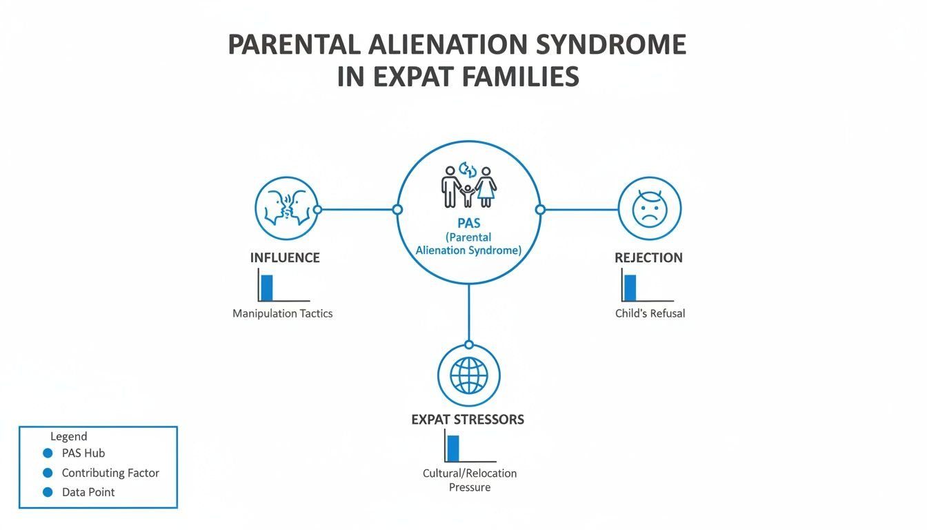Diagram illustrating parental alienation in Expat Families, showing influences like manipulation, child's refusal, and expat stressors.