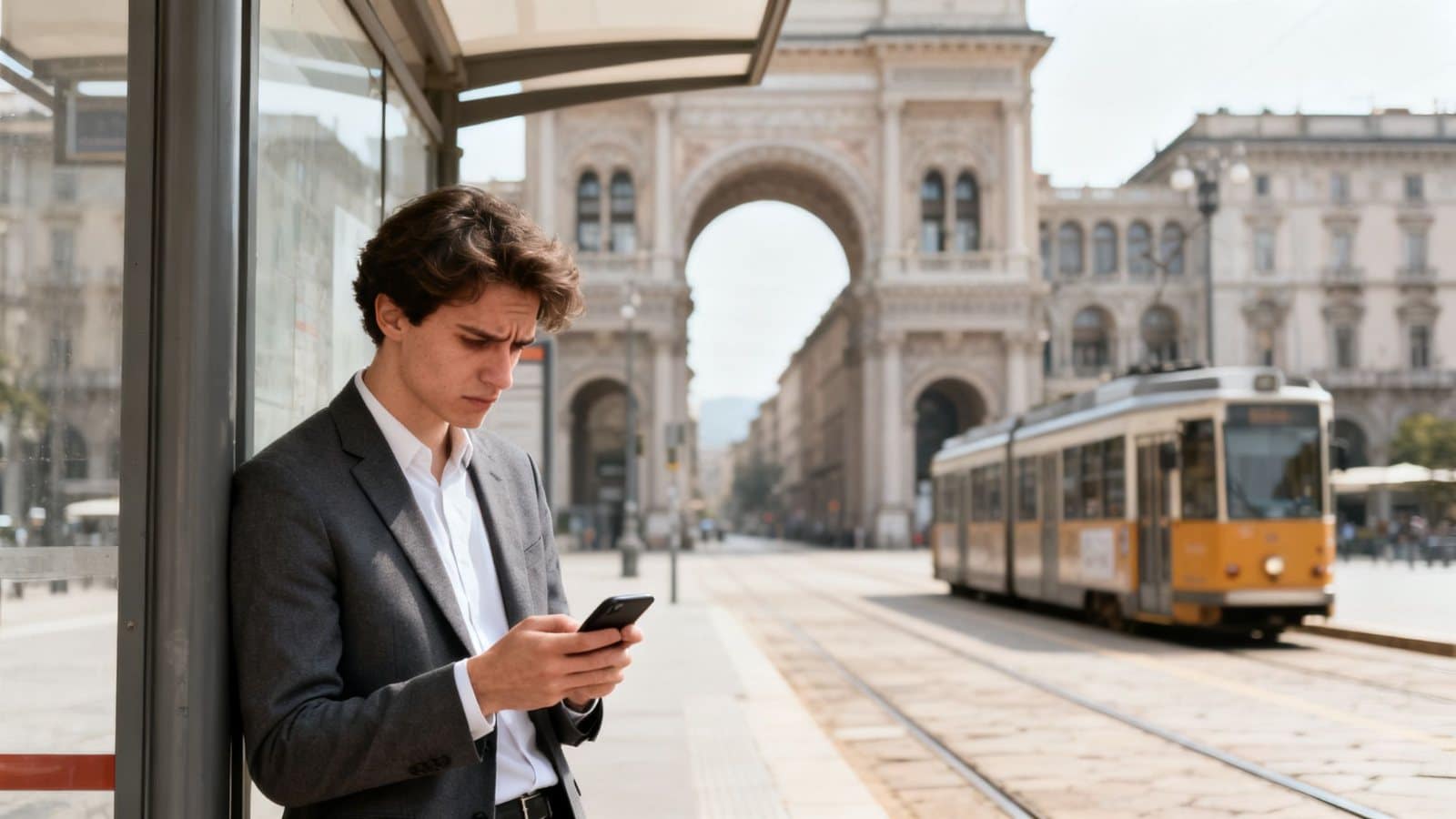 Young man checking phone at a tram stop with a historic archway and tram in background.