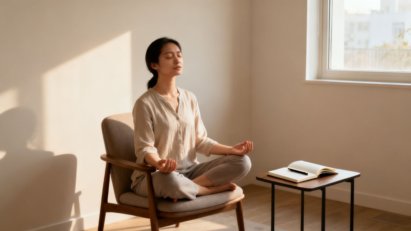 A serene woman meditating on a chair in a sunlit room with an open notebook.