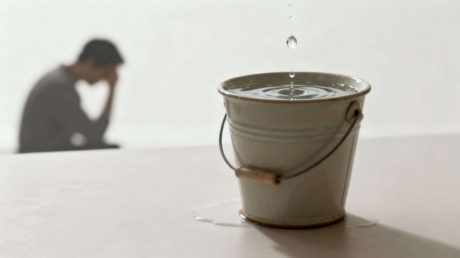 An overflowing bucket of water with drops falling, and a distressed, blurry figure in the background.