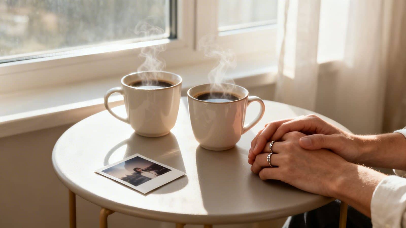 Two steaming coffee mugs, a vintage photo, and hands with rings on a table by a bright window.