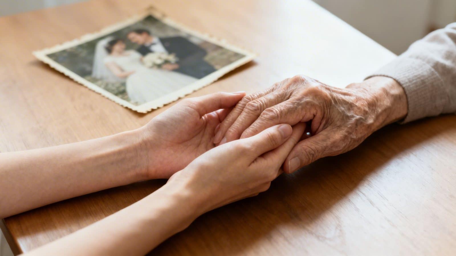 A young person's hands gently hold an elderly person's wrinkled hands on a wooden table, with a blurred wedding photo in the background.