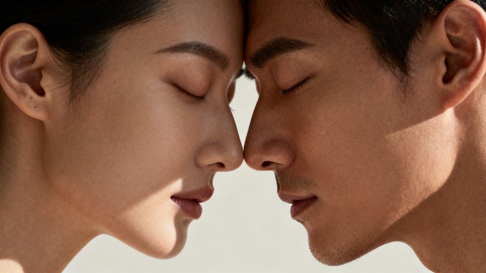 Close-up of a man and woman with closed eyes, foreheads touching, in an intimate moment.