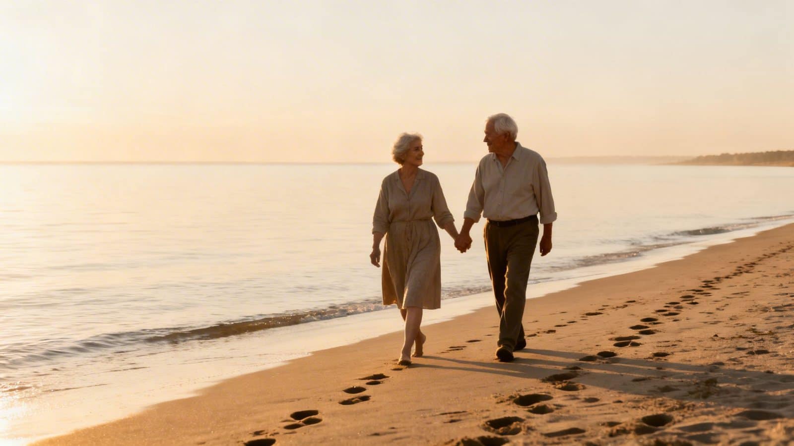 An elderly couple holding hands walks along a sandy beach at sunset, leaving footprints.
