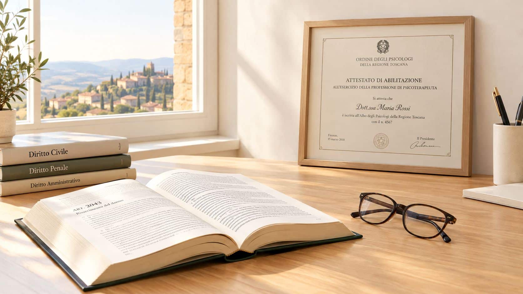 A professional office desk with legal books, a psychology certification in a frame, and eyeglasses.