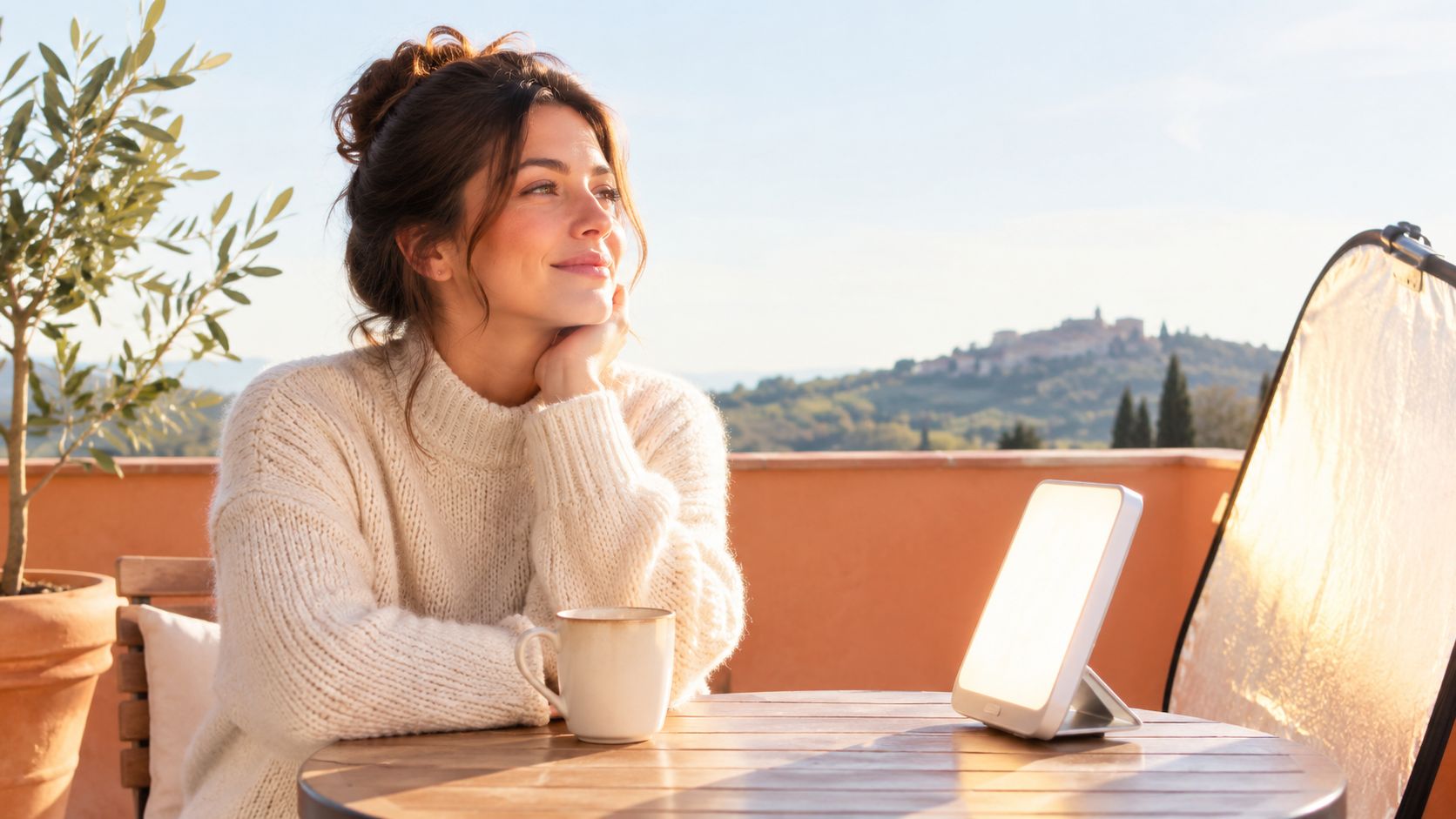 A woman enjoying coffee on a sunny terrace with a SAD light therapy lamp on the table.