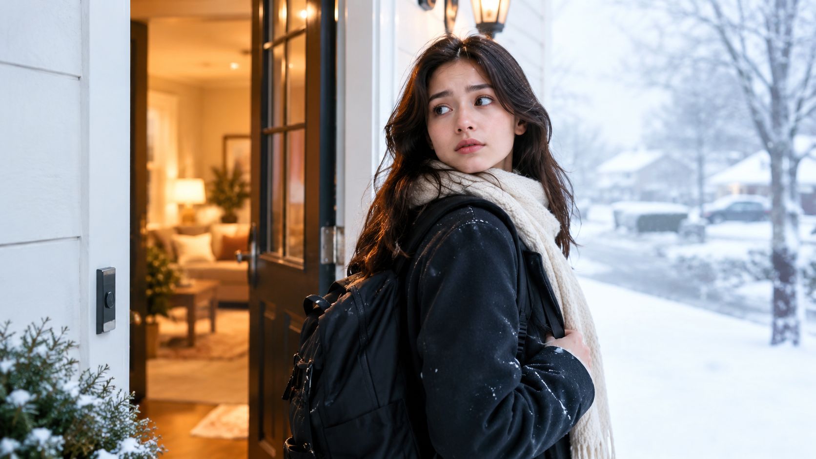 A young woman wearing a winter coat and scarf looks back while standing in a doorway during snowfall.