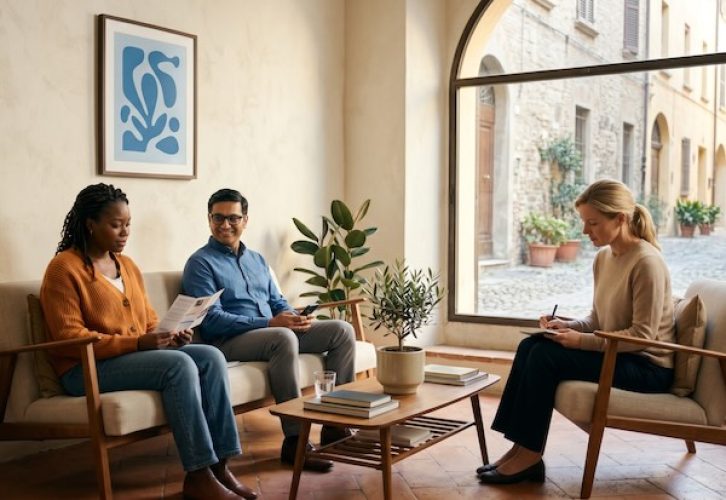 Bonus Psicologo 2026 expat - diverse group of expats in a multilingual therapy waiting room in Italy